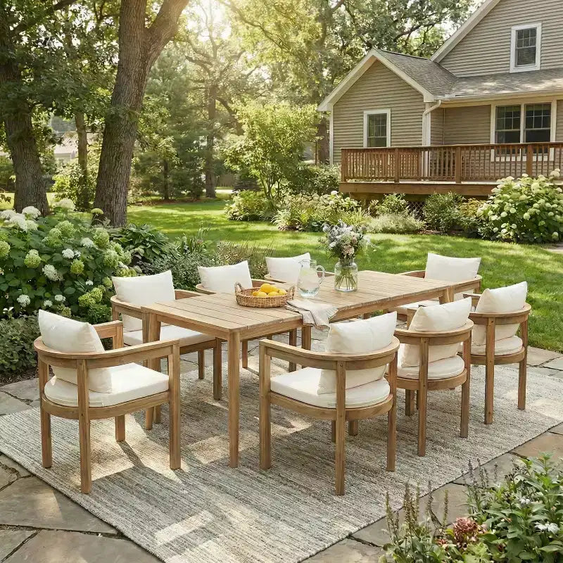 Ensemble de salle à manger d'extérieur rustique Irene 9 pièces en bois d'acacia avec chaises à dossier incurvé et – Sanzelize Design