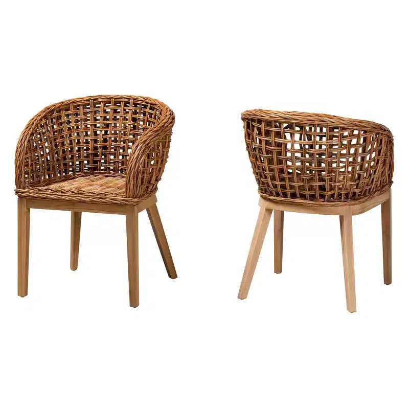 Mario Ensemble de 2 chaises de salle à manger modernes de style bohème en teck et rotin, finition marron naturel – Sanzelize Design