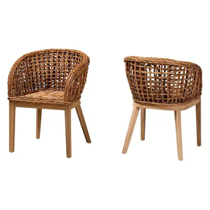 Mario Ensemble de 2 chaises de salle à manger modernes de style bohème en teck et rotin, finition marron naturel – Sanzelize Design