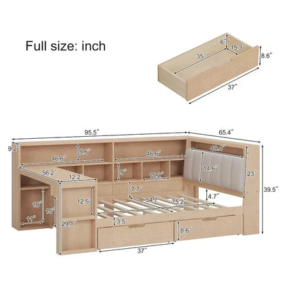 Canapé-lit d'angle en bois en forme de L avec bureau, bibliothèque, lit d'angle avec tiroirs de rangement – Sanzelize Design