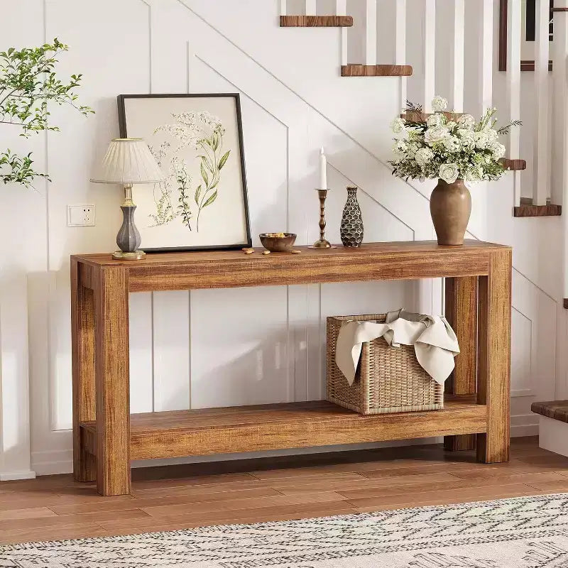 Table console d'entrée 160 cm avec 2 tiroirs, Table de canapé étroite en bois pour salon, couloir ou hall d'entrée – Sanzelize Design
