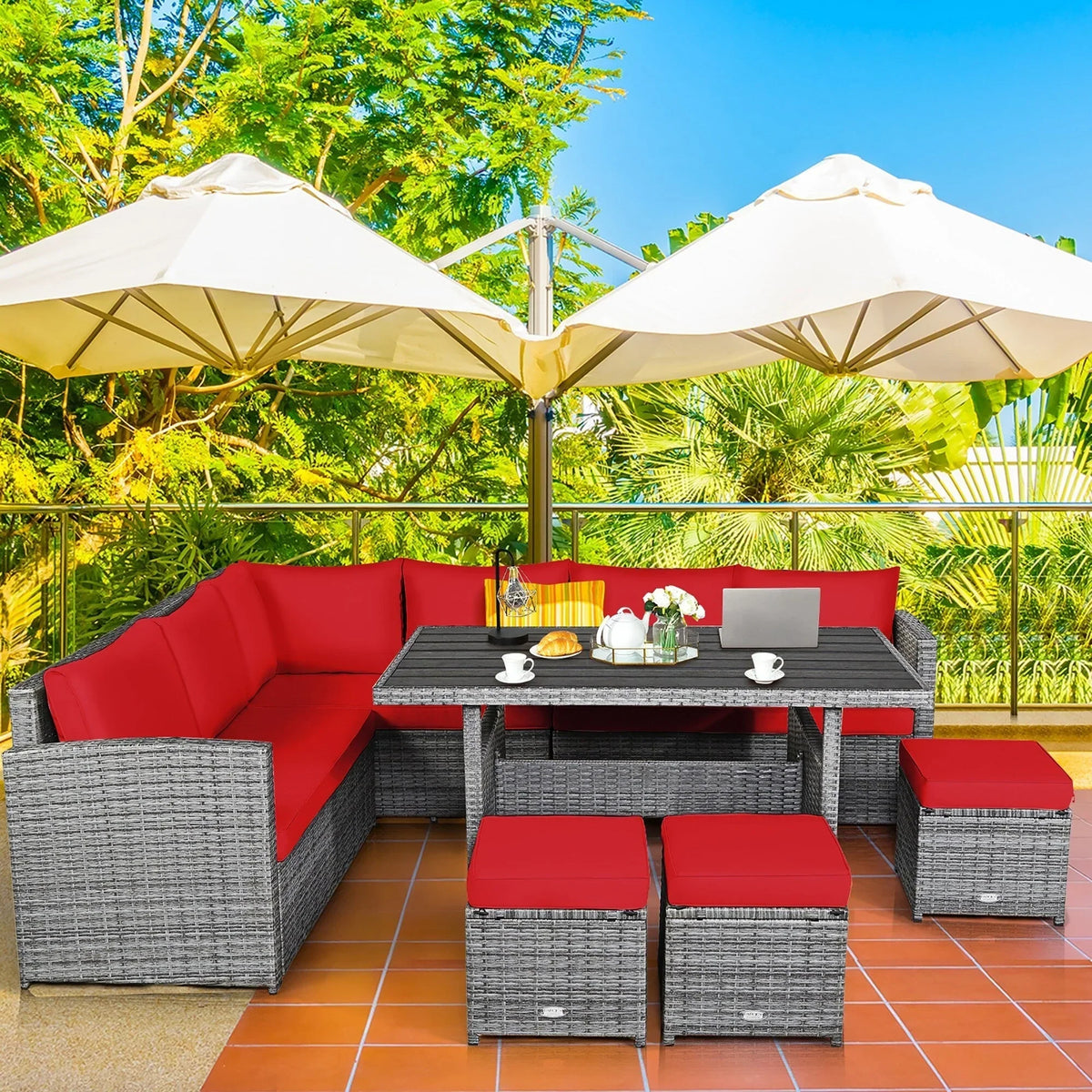 Ensemble de salle à manger 7 pièces en rotin pour terrasse, canapé sectionnel et pouf - Voir détails – Sanzelize Design
