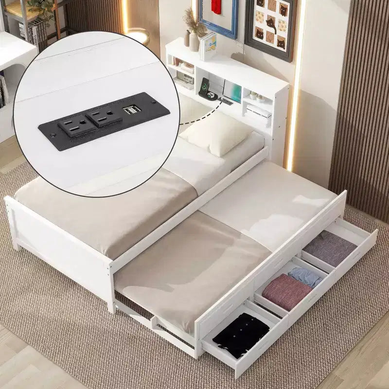 Lit plateforme avec lit gigogne et tiroirs, lit plateforme de rangement avec USB – Sanzelize Design