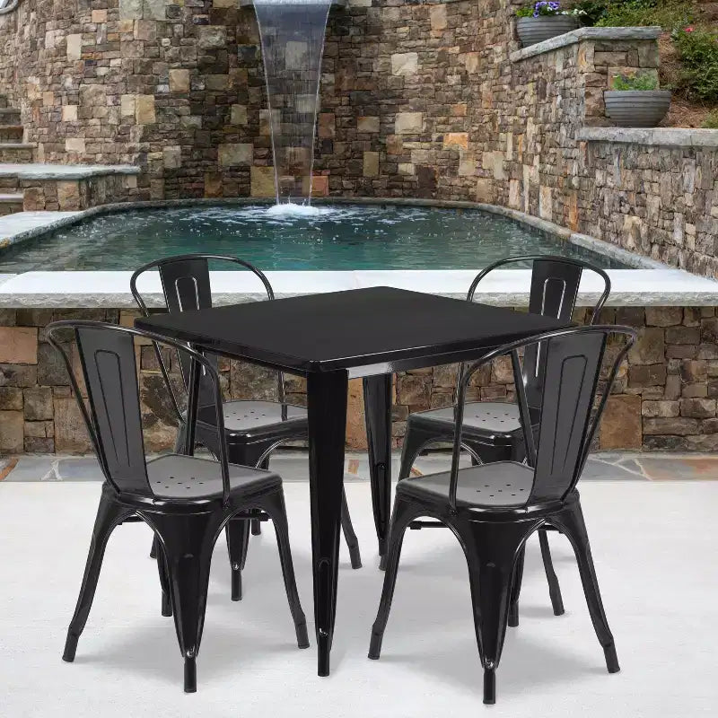 Ensemble table carrée métallique 80 cm qualité commerciale avec 4 chaises empilables pour intérieur/extérieur – Sanzelize Design