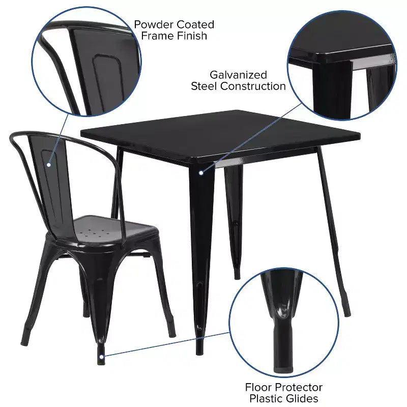Ensemble table carrée métallique 80 cm qualité commerciale avec 4 chaises empilables pour intérieur/extérieur – Sanzelize Design