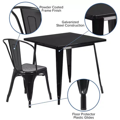 Ensemble table carrée métallique 80 cm qualité commerciale avec 4 chaises empilables pour intérieur/extérieur – Sanzelize Design