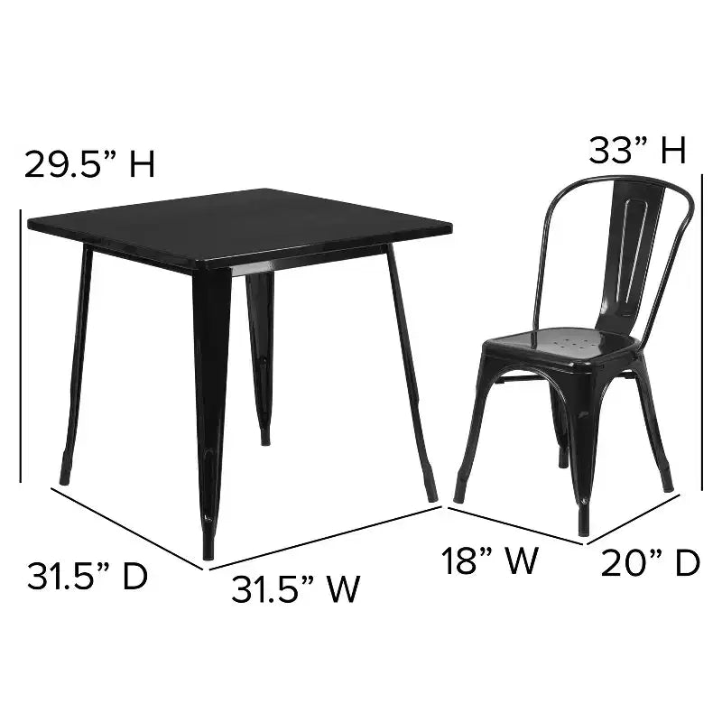 Ensemble table carrée métallique 80 cm qualité commerciale avec 4 chaises empilables pour intérieur/extérieur – Sanzelize Design