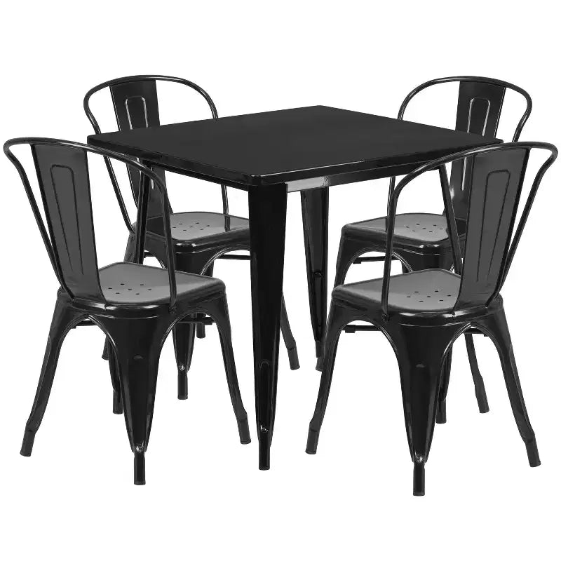 Ensemble table carrée métallique 80 cm qualité commerciale avec 4 chaises empilables pour intérieur/extérieur – Sanzelize Design