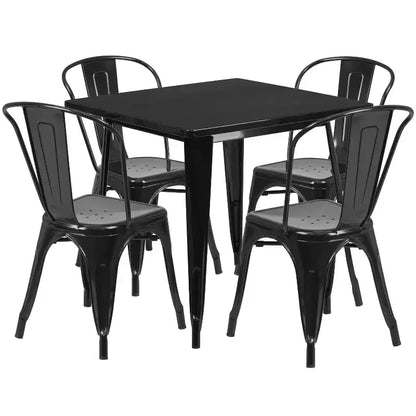Ensemble table carrée métallique 80 cm qualité commerciale avec 4 chaises empilables pour intérieur/extérieur – Sanzelize Design