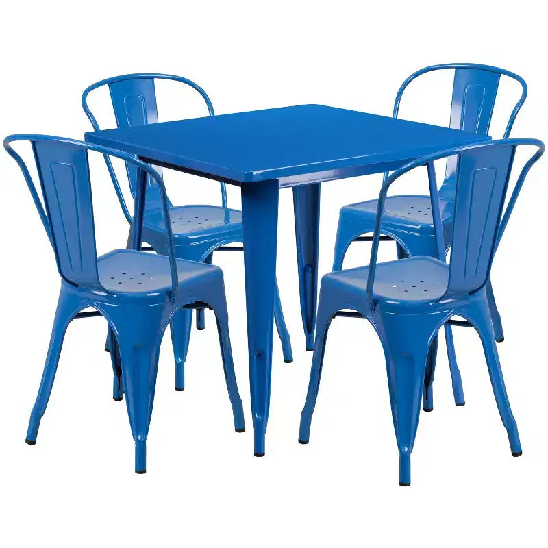 Ensemble table carrée métallique 80 cm qualité commerciale avec 4 chaises empilables pour intérieur/extérieur – Sanzelize Design