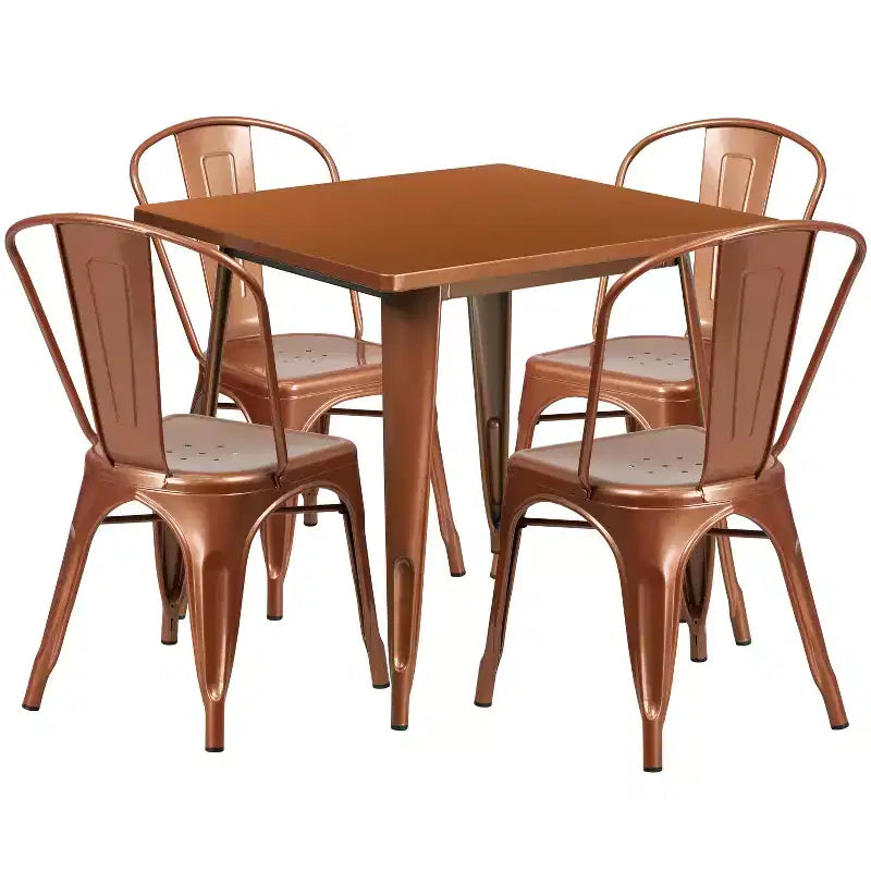 Ensemble table carrée métallique 80 cm qualité commerciale avec 4 chaises empilables pour intérieur/extérieur – Sanzelize Design