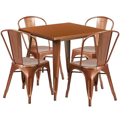 Ensemble table carrée métallique 80 cm qualité commerciale avec 4 chaises empilables pour intérieur/extérieur – Sanzelize Design