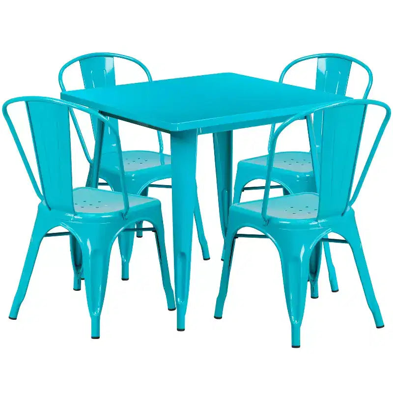 Ensemble table carrée métallique 80 cm qualité commerciale avec 4 chaises empilables pour intérieur/extérieur – Sanzelize Design