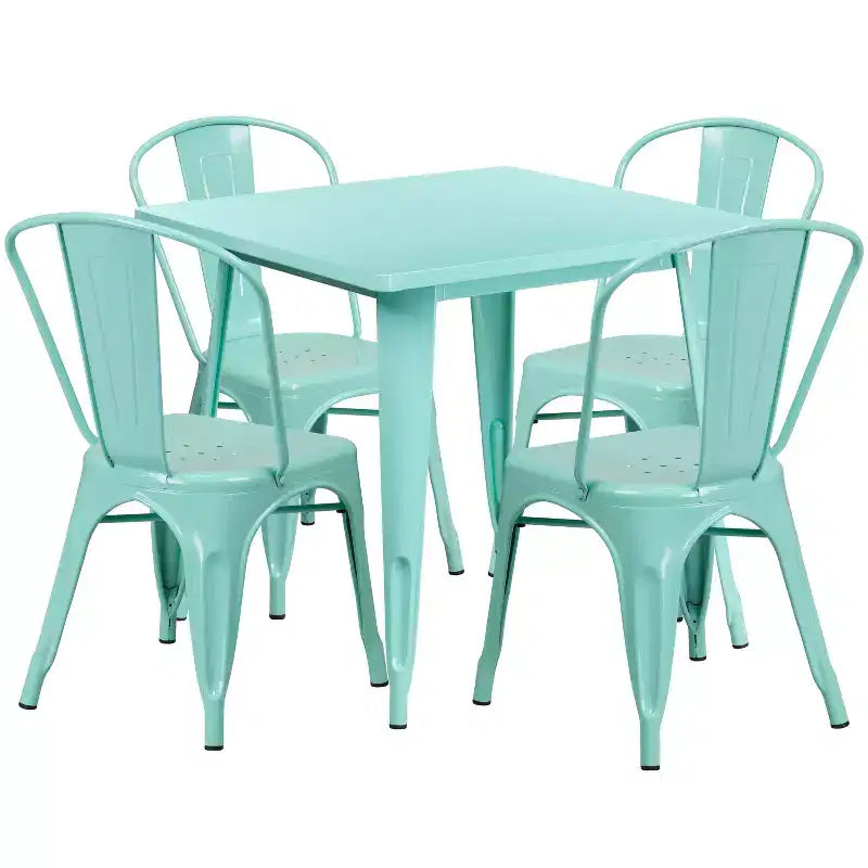 Ensemble table carrée métallique 80 cm qualité commerciale avec 4 chaises empilables pour intérieur/extérieur – Sanzelize Design