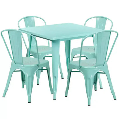 Ensemble table carrée métallique 80 cm qualité commerciale avec 4 chaises empilables pour intérieur/extérieur – Sanzelize Design