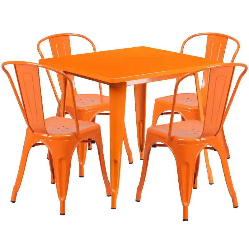 Ensemble table carrée métallique 80 cm qualité commerciale avec 4 chaises empilables pour intérieur/extérieur – Sanzelize Design