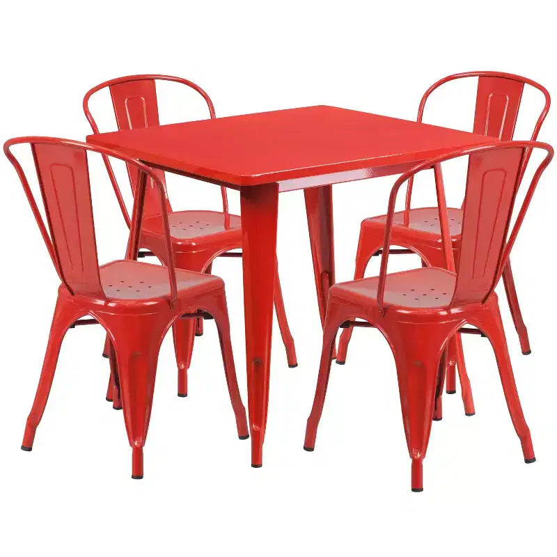 Ensemble table carrée métallique 80 cm qualité commerciale avec 4 chaises empilables pour intérieur/extérieur – Sanzelize Design
