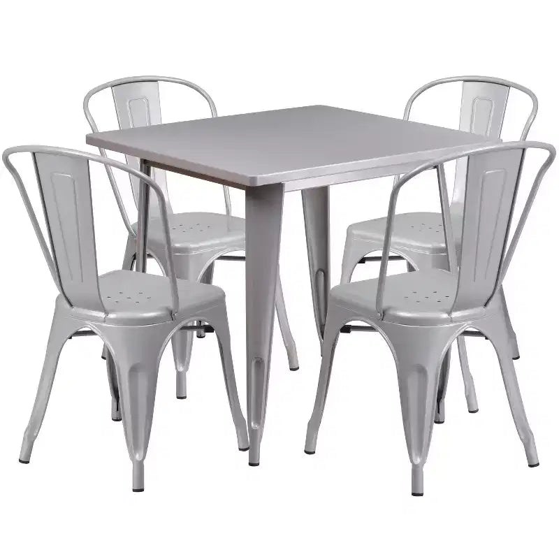 Ensemble table carrée métallique 80 cm qualité commerciale avec 4 chaises empilables pour intérieur/extérieur – Sanzelize Design