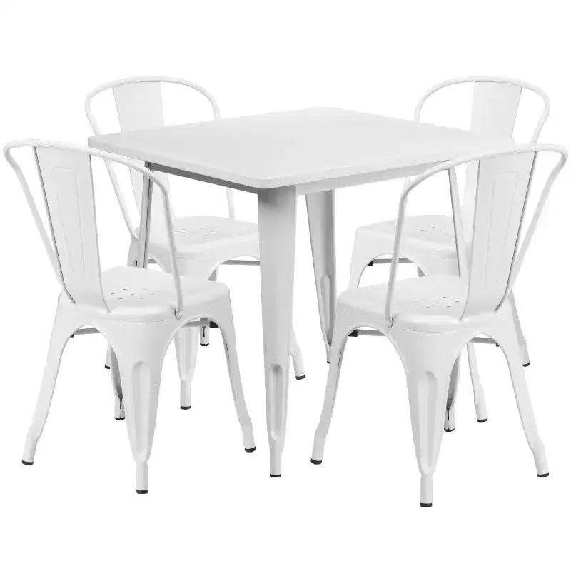 Ensemble table carrée métallique 80 cm qualité commerciale avec 4 chaises empilables pour intérieur/extérieur – Sanzelize Design