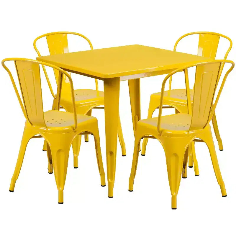 Ensemble table carrée métallique 80 cm qualité commerciale avec 4 chaises empilables pour intérieur/extérieur – Sanzelize Design