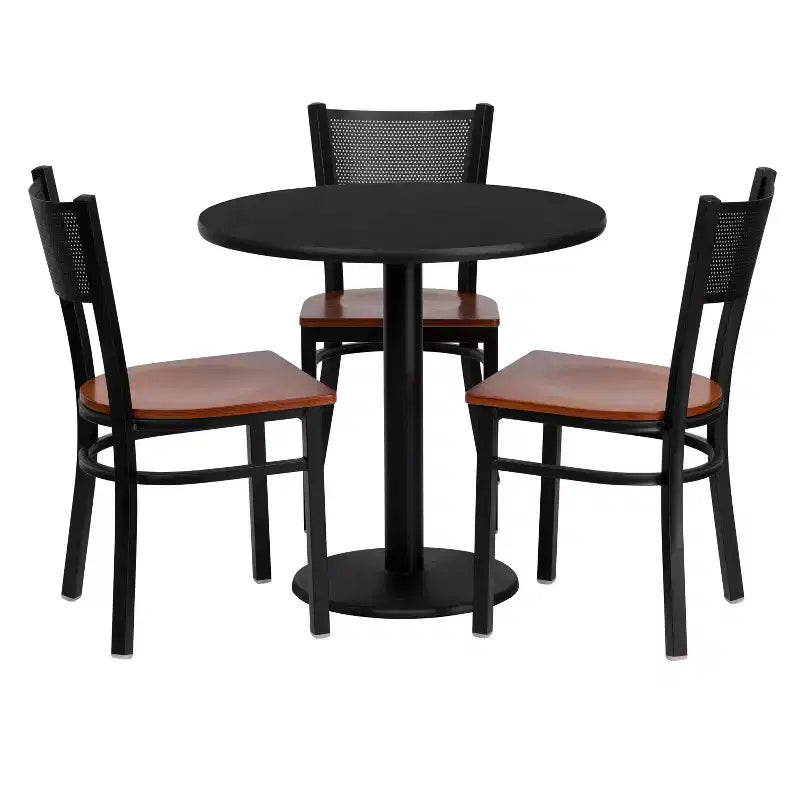 Ensemble de table ronde stratifiée noire de 76,2 cm avec 3 chaises en métal à dossier quadrillé – Sanzelize Design