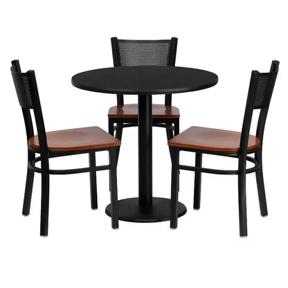 Ensemble de table ronde stratifiée noire de 76,2 cm avec 3 chaises en métal à dossier quadrillé – Sanzelize Design