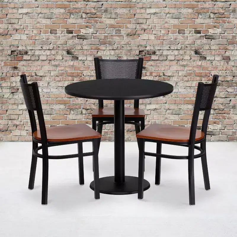 Ensemble de table ronde stratifiée noire de 76,2 cm avec 3 chaises en métal à dossier quadrillé – Sanzelize Design