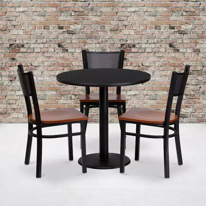 Ensemble de table ronde stratifiée noire de 76,2 cm avec 3 chaises en métal à dossier quadrillé – Sanzelize Design