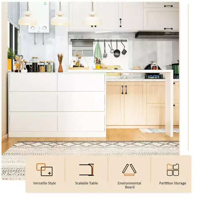 Desserte de buffet intelligente rotative/extensible avec 6 tiroirs, plan de travail étendu, tapis antidérapant – Sanzelize Design