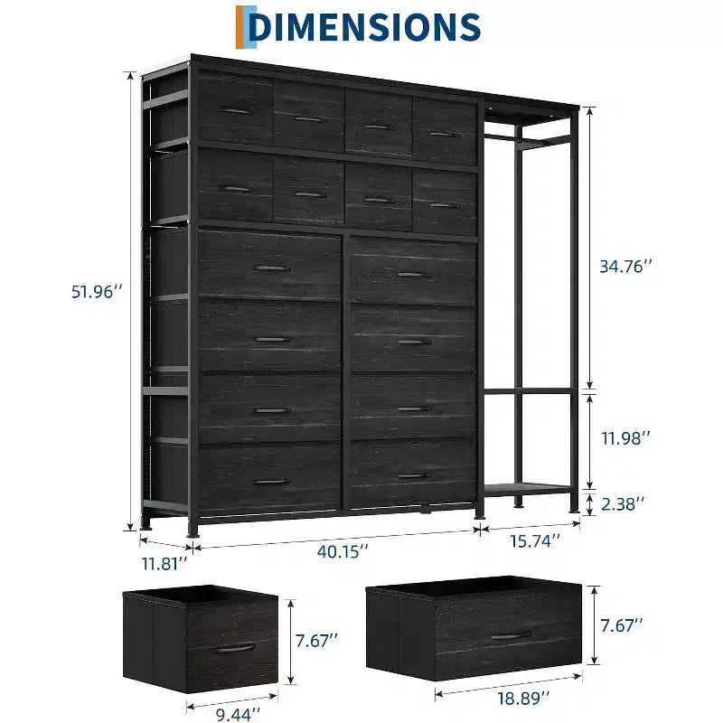 Commode de rangement avec 16 tiroirs, tringle à vêtements et étagères – Sanzelize Design