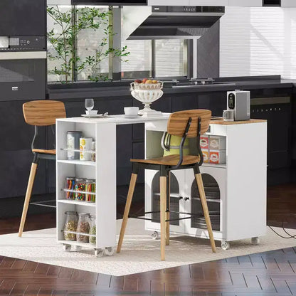Îlot de cuisine roulant avec 2 portes en verre, Desserte de cuisine avec table extensible et prises de courant – Sanzelize Design