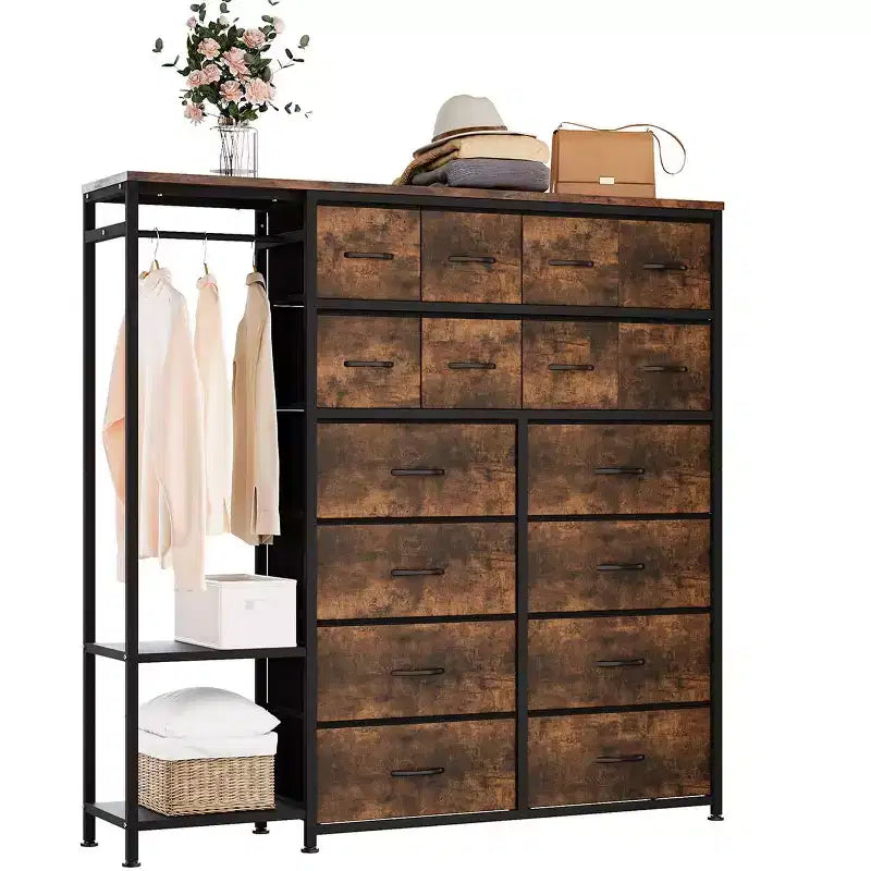Commode de rangement avec 16 tiroirs, tringle à vêtements et étagères – Sanzelize Design