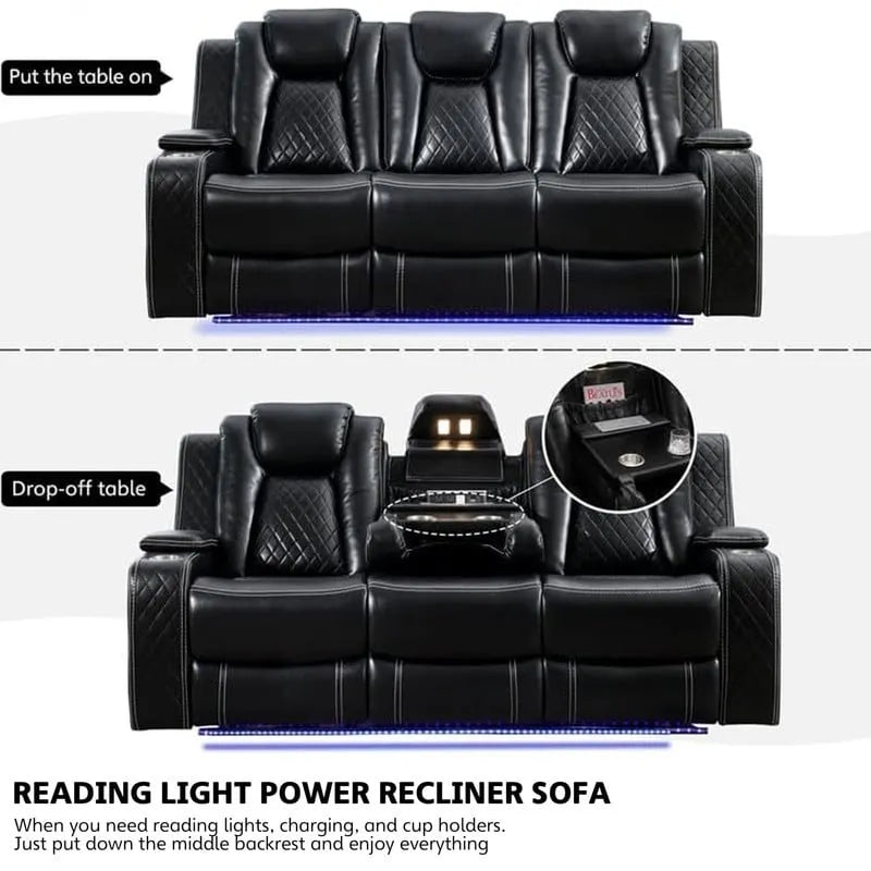 Canapé inclinable électrique avec chargeur sans fil, liseuse pour salon, lumière LED en similicuir, port AC/USB – Sanzelize Design