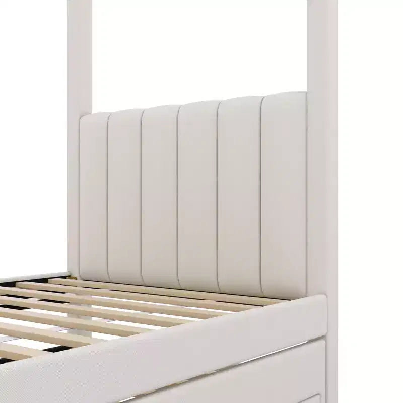 Lit à plateforme à baldaquin tapissé de lin 137 x 191 cm avec lit gigogne et trois tiroirs de rangement – Sanzelize Design