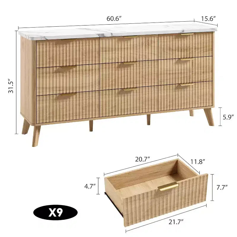 Commode cannelée à 9 tiroirs, commode moderne, meuble TV en bois, design à profil incurvé, pour salon, couloir – Sanzelize Design