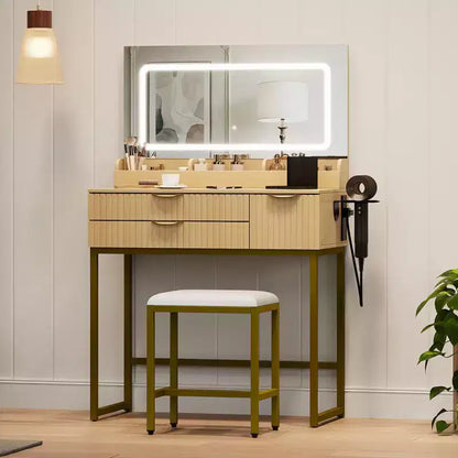 Coiffeuse avec miroir et lumières, miroir lumineux à LED, tiroirs de rangement spacieux pour produits cosmétiques et – Sanzelize Design