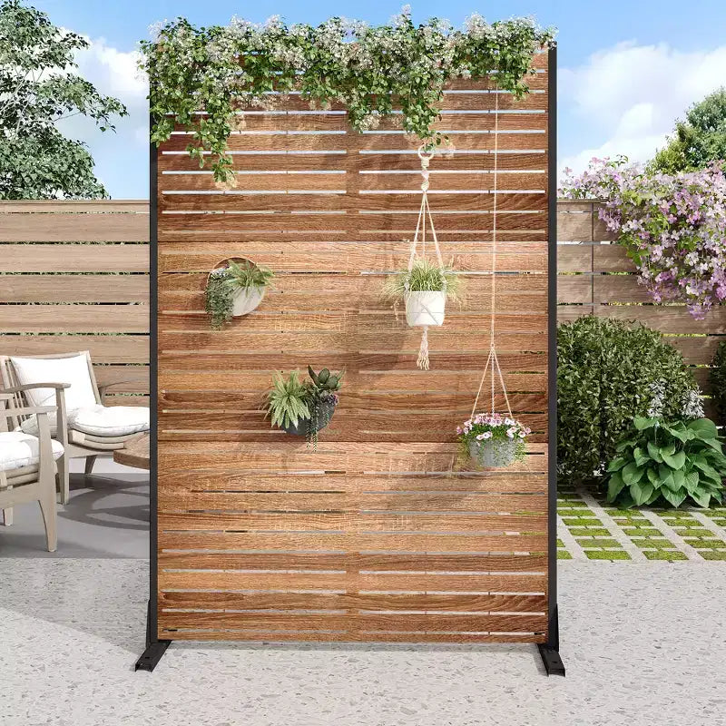 Paravent de 183 cm avec Cadre Galvanisé, Séparateur de Pièce Effet Bois, Brise-vue, Clôture de Jardin, terrasse Beige – Sanzelize Design