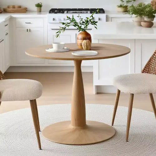 Table à manger ronde moderne avec piédestal, finition grain de bois – Sanzelize Design