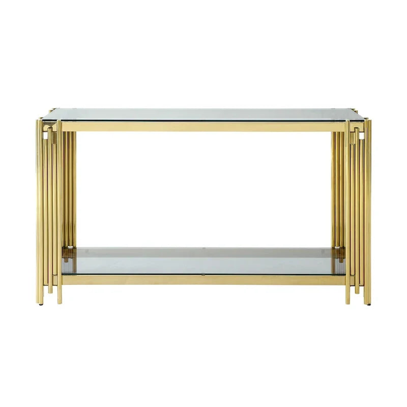 Console étroite à 2 niveaux avec structure en métal doré et plateau en verre trempé – Sanzelize Design