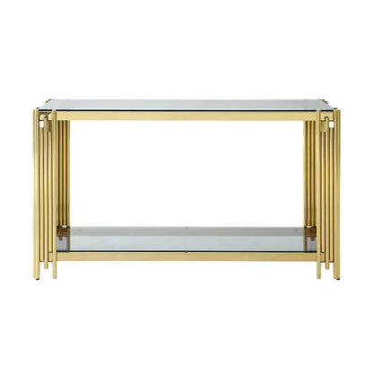 Console étroite à 2 niveaux avec structure en métal doré et plateau en verre trempé – Sanzelize Design