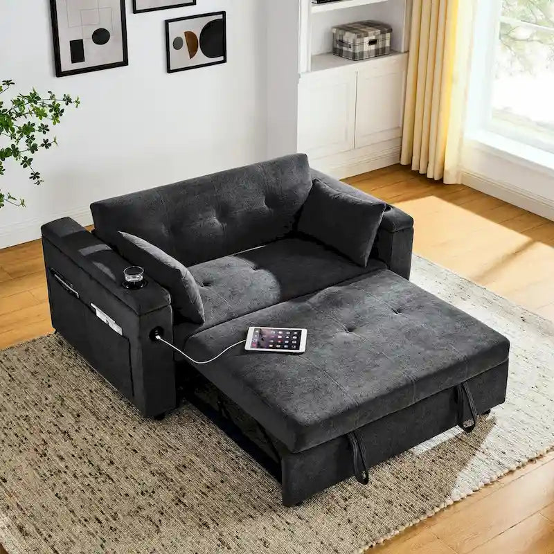 Canapé-lit gigogne 137 cm, canapé-lit inclinable 2 places avec rangement, oreiller lombaire, prise USB – Sanzelize Design