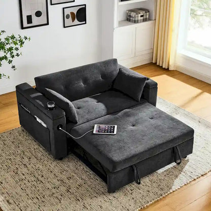 Canapé-lit gigogne 137 cm, canapé-lit inclinable 2 places avec rangement, oreiller lombaire, prise USB – Sanzelize Design