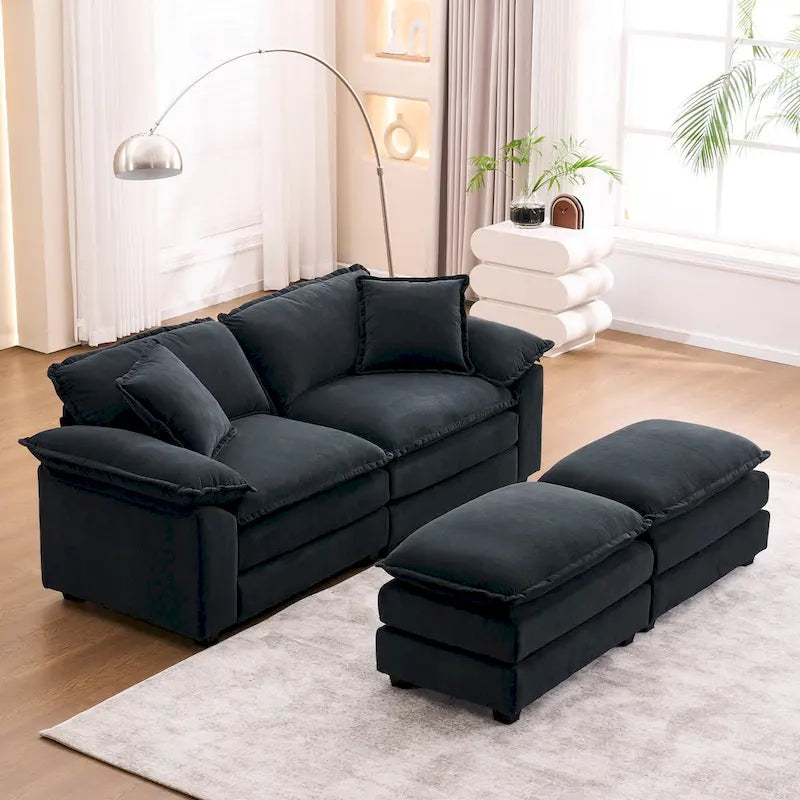 Canapé 2 places avec 2 coussins de siège, 2 oreillers et 2 poufs, canapé confortable - Canapé profond de salon – Sanzelize Design