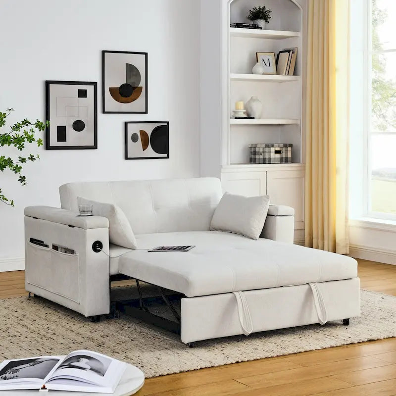 Canapé-lit gigogne 137 cm, canapé-lit inclinable 2 places avec rangement, oreiller lombaire, prise USB – Sanzelize Design