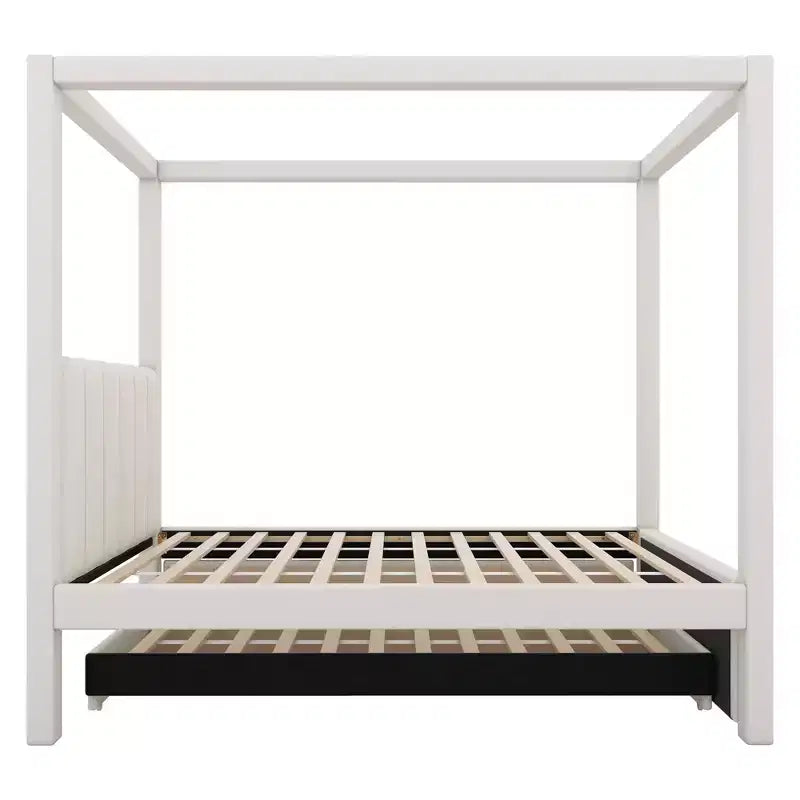 Lit à plateforme à baldaquin tapissé de lin 137 x 191 cm avec lit gigogne et trois tiroirs de rangement – Sanzelize Design