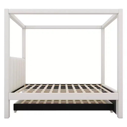 Lit à plateforme à baldaquin tapissé de lin 137 x 191 cm avec lit gigogne et trois tiroirs de rangement – Sanzelize Design