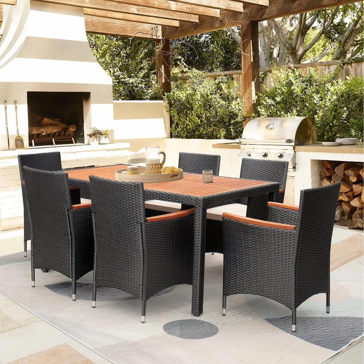 Ensemble de salle à manger d'extérieur en osier de polyéthylène/bois d'acacia – Sanzelize Design
