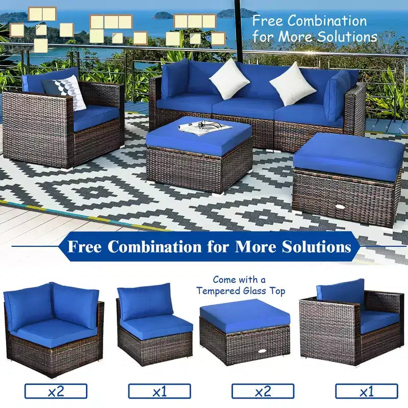 Ensemble de meubles de jardin en rotin 6 pièces Canapé sectionnel Table basse avec pouf coussin bleu marine – Sanzelize Design