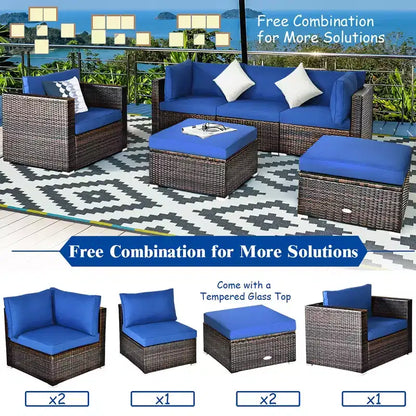 Ensemble de meubles de jardin en rotin 6 pièces Canapé sectionnel Table basse avec pouf coussin bleu marine – Sanzelize Design