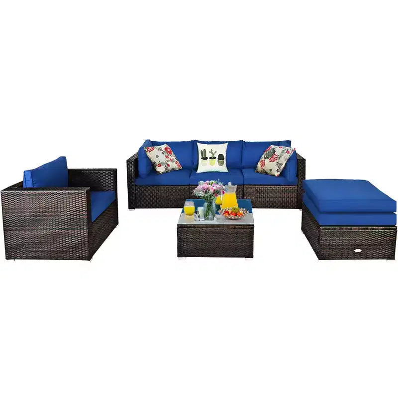 Ensemble de meubles de jardin en rotin 6 pièces Canapé sectionnel Table basse avec pouf coussin bleu marine – Sanzelize Design